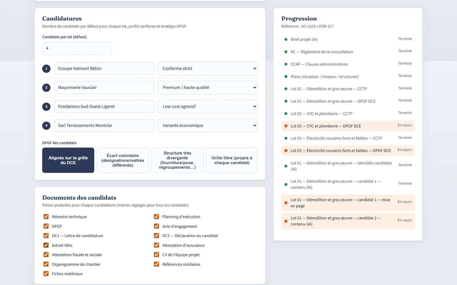 Générateur de dossiers de consultation et de candidatures fictives pour tester l’analyse : quatre candidats par lot avec leur profil tarifaire, et panneau de progression d’une génération en cours lot par lot.