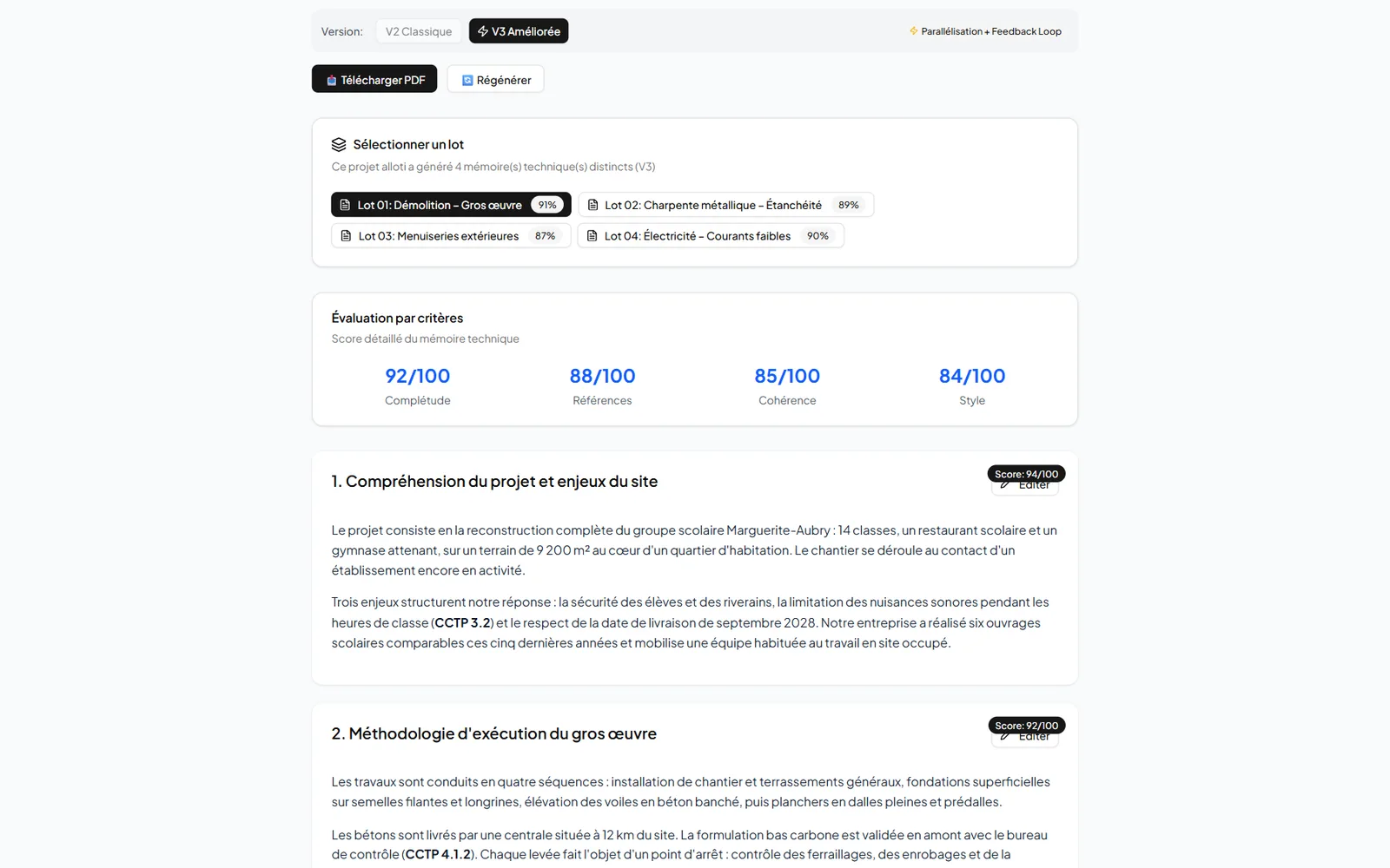 Mémoire technique du lot 01 en V3 : sélecteur de quatre lots avec leur score en pourcentage, évaluation par critères, puis les premières sections rédigées, chacune avec son score sur 100.