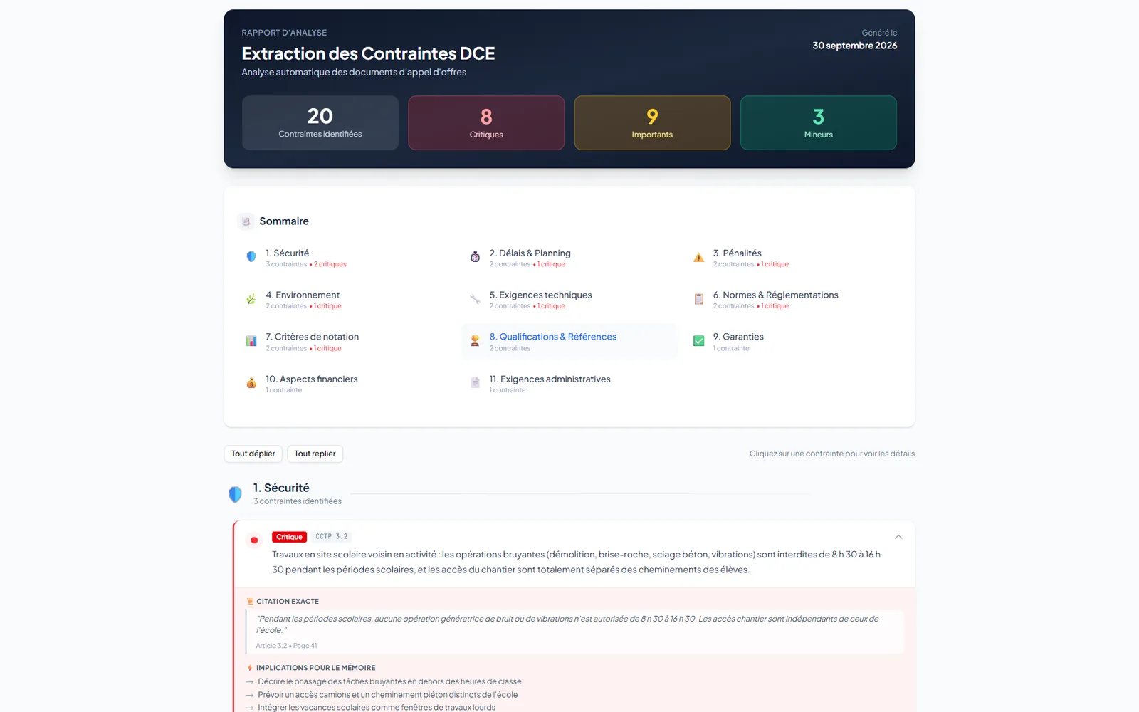 Rapport d’extraction des contraintes du DCE : 20 contraintes identifiées dont 8 critiques, sommaire par thème, puis la contrainte CCTP 3.2 dépliée avec sa citation exacte et ses implications pour le mémoire.