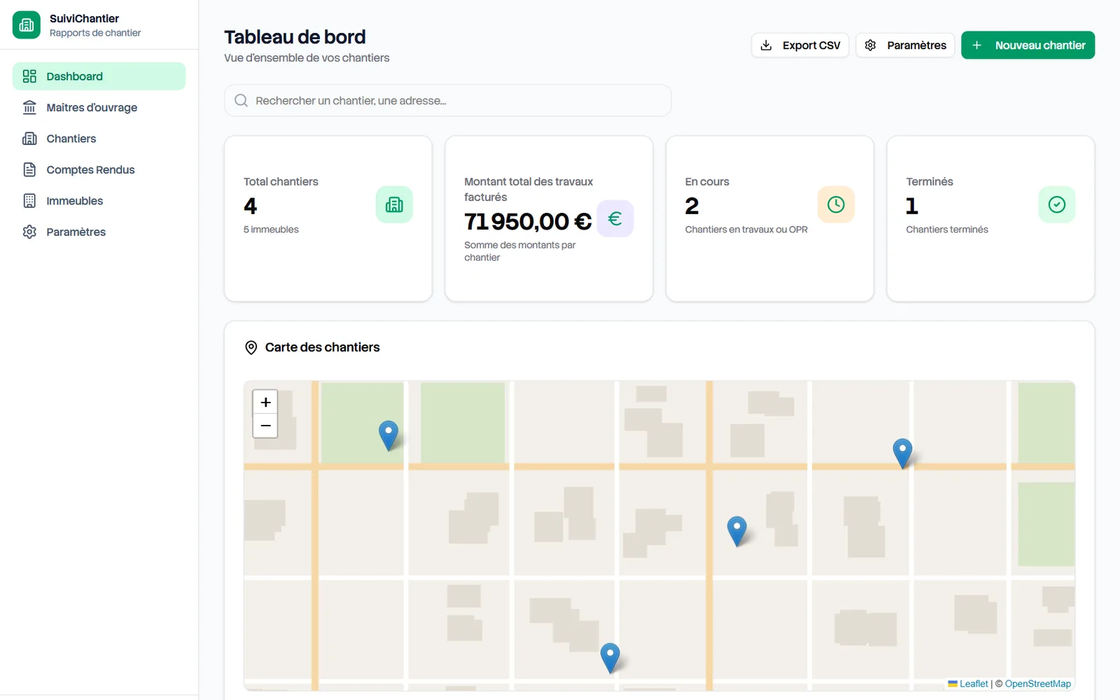Tableau de bord des chantiers : quatre indicateurs (4 chantiers pour 5 immeubles, 71 950,00 € de travaux facturés, 2 chantiers en cours, 1 terminé) et carte des chantiers avec quatre repères.