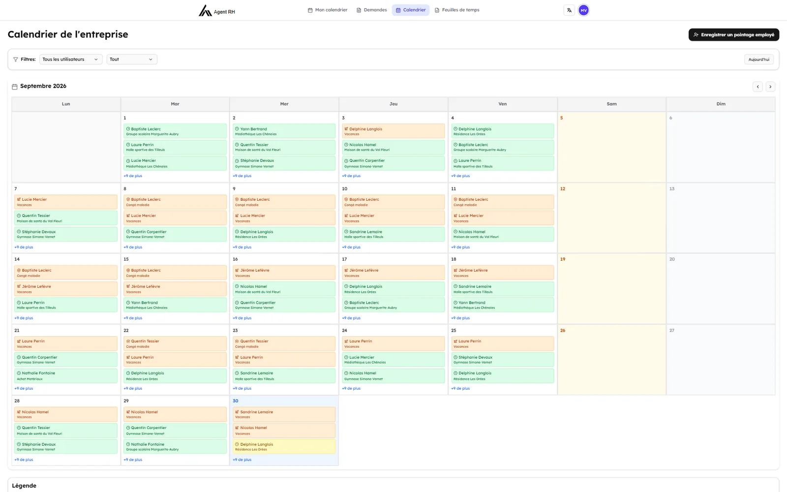 Calendrier de l’entreprise de septembre 2026 : pour chaque jour ouvré, les congés et arrêts maladie en orange et les pointages des salariés par chantier en vert, avec le bouton pour enregistrer le pointage d’un employé.