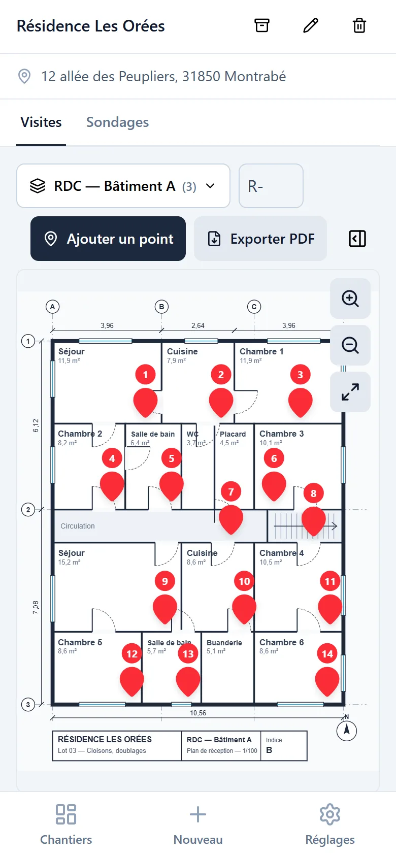 Plan d’étage du chantier Résidence Les Orées avec quatorze points de réserve numérotés posés sur les pièces, et la barre d’outils pour ajouter un point ou exporter le PDF.